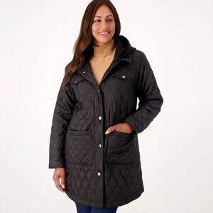 Nuage Mixed Quilted Coat with Scuba Hood in Black Medium Snap Front & Po…